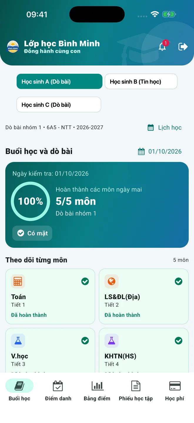 Giao diện App Lớp Học Bình Minh hiển thị tiến độ học tập của học sinh